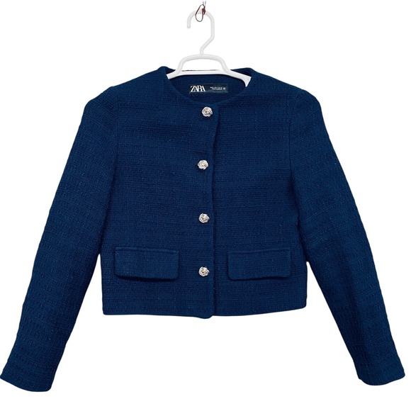 ZARA Blue Textured Cropped Jacket Womens Size S Button Front Jewel Buttons - Picture 8 of 16